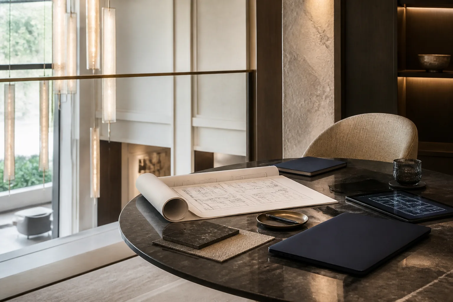 Hotel project review table with plans and technology tools