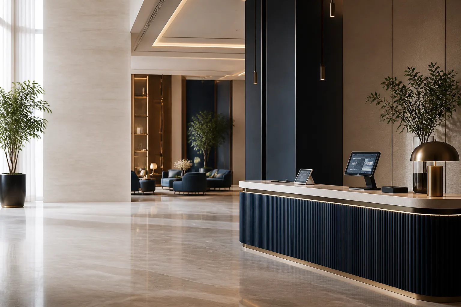 Contemporary hotel lobby prepared with integrated technology
